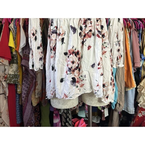 Torrid Modal Lace-Up Smocked Off-Shoulder Top White Floral Long Sleeves Sz 0 XL - Picture 3 of 10